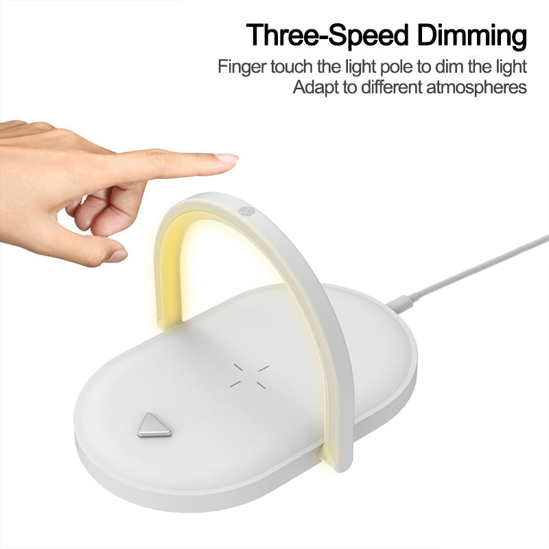3 in 1 Wireless Charging Station Night Light with three-speed dimming for adjustable ambiance.