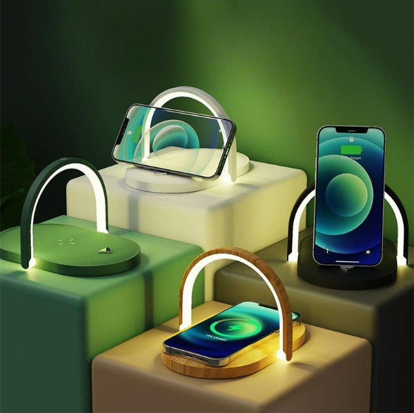 3 in 1 Wireless Charging Station Night Light showcasing multiple charging setups and LED design options.