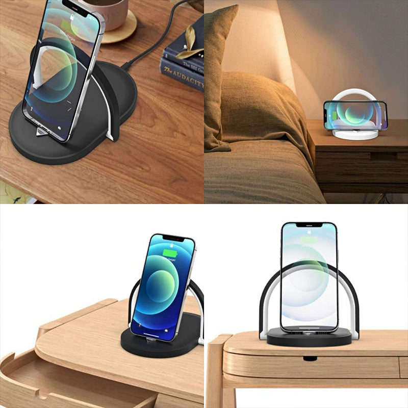 3 in 1 Wireless Charging Station Night Light with adjustable phone stand and LED lamp in various settings.