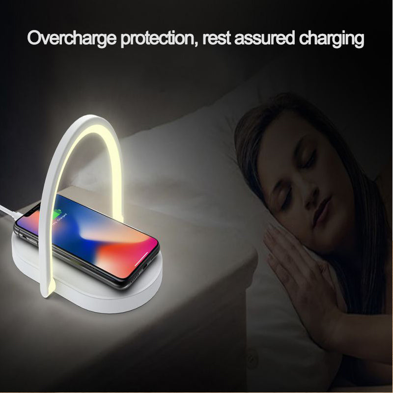 3 in 1 Wireless Charging Station Night Light with overcharge protection and adjustable LED lamp, ideal for bedside use.