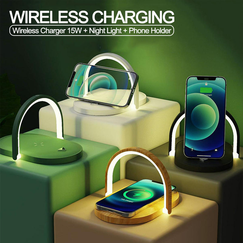 3 in 1 Wireless Charging Station Night Light with wireless charger, night light, and phone holder design.